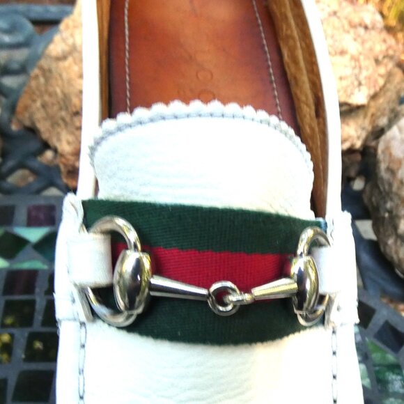 Gucci Men's Loafers Drivers White Size 10 Web Stripe Horsebit Tayma Goat Leather - Picture 5 of 11